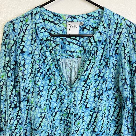 Finley Top Womens Medium Blue Shirt Long Sleeve V Neck Printed Boho Artsy Blouse - Picture 7 of 10